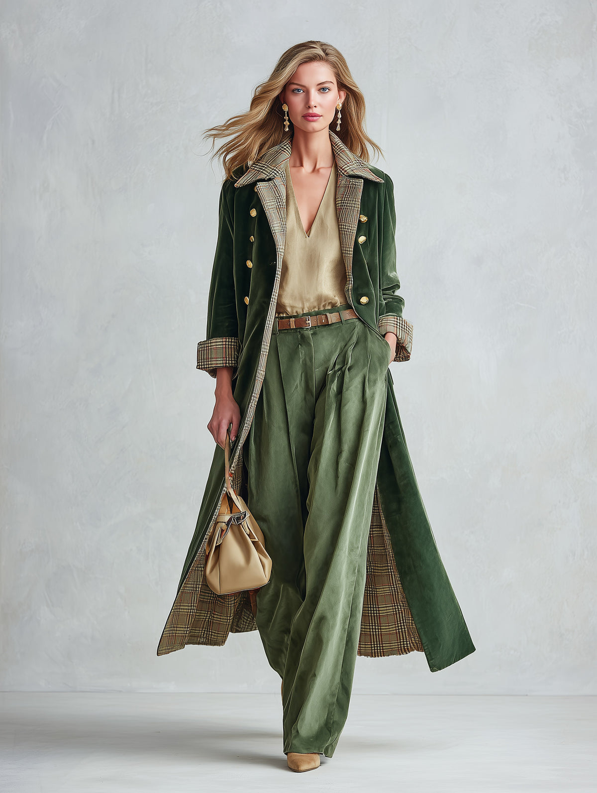 Vintage-style Plaid Lining Lapel Collar Olive Green Velvet Coat