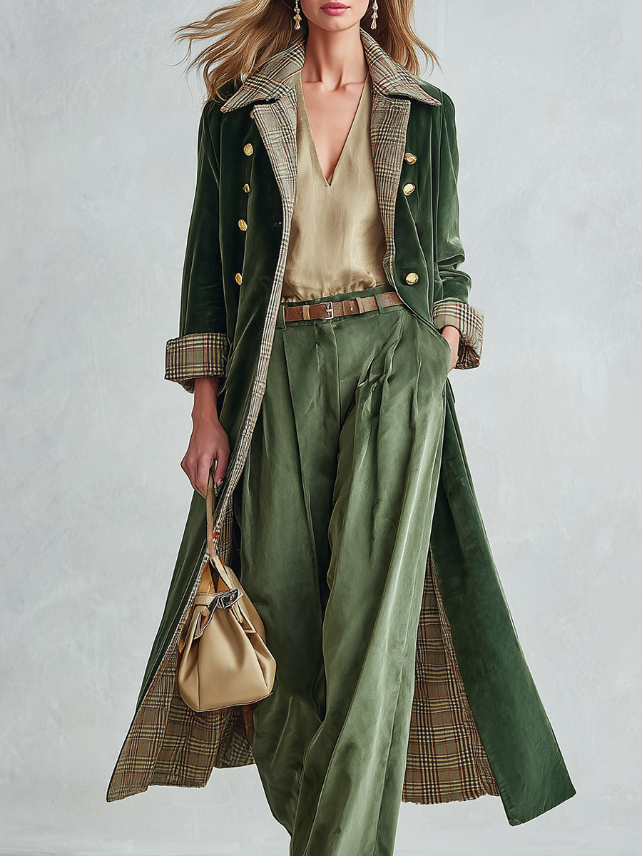 Vintage-style Plaid Lining Lapel Collar Olive Green Velvet Coat