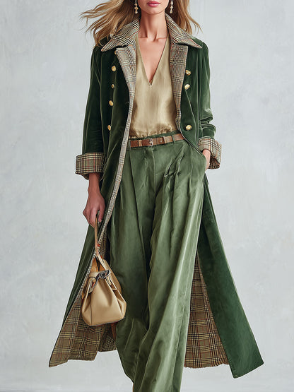 Vintage-style Plaid Lining Lapel Collar Olive Green Velvet Coat