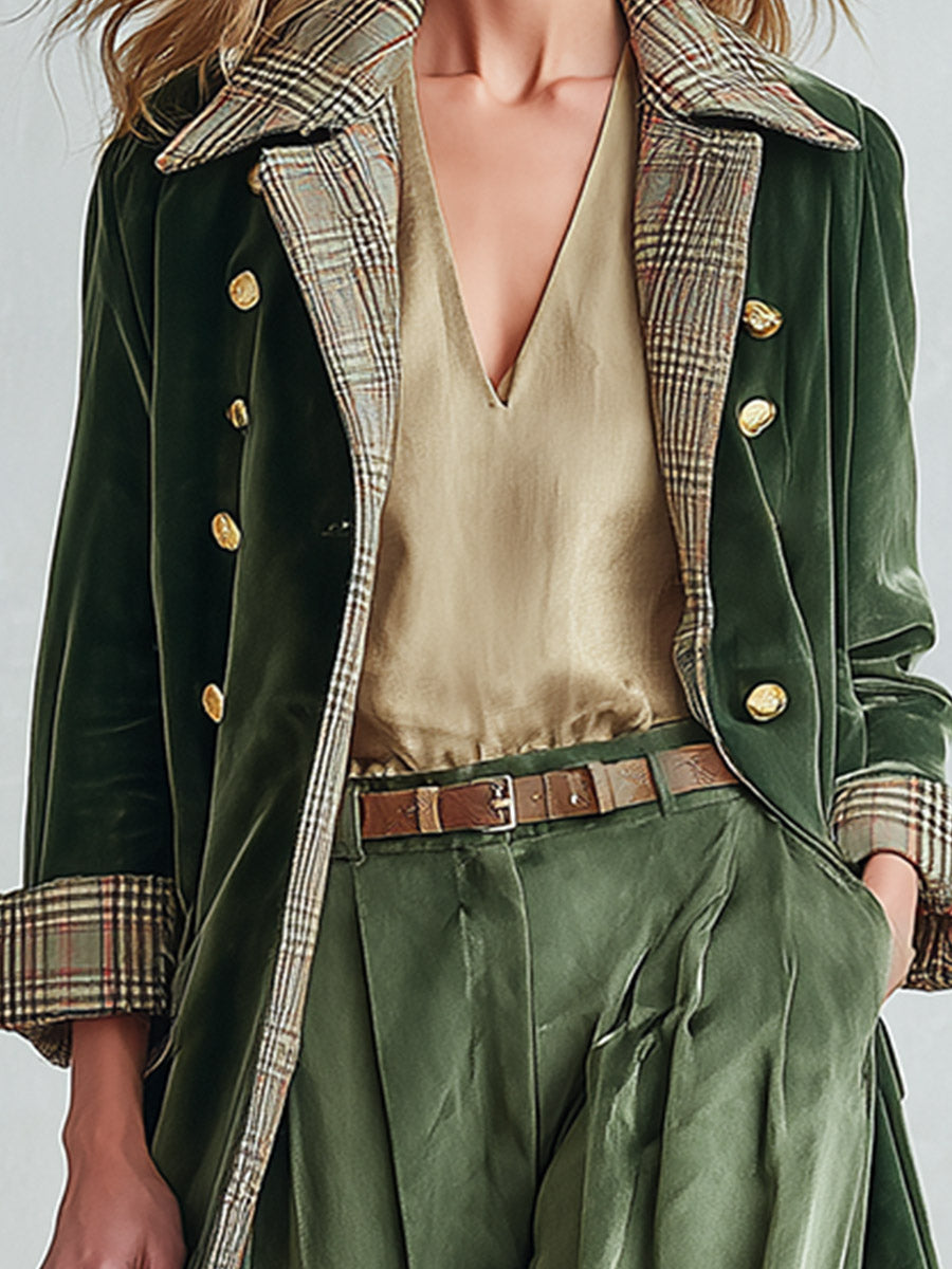 Vintage-style Plaid Lining Lapel Collar Olive Green Velvet Coat