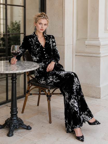 Floral Print Velvet Long Sleeve Wide Leg Jumpsuit