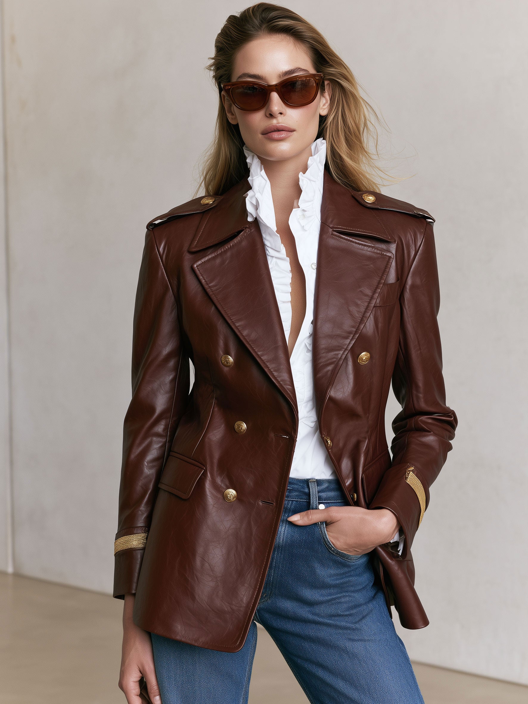 Casual Retro Gold Ribbon Brown PU Blazer