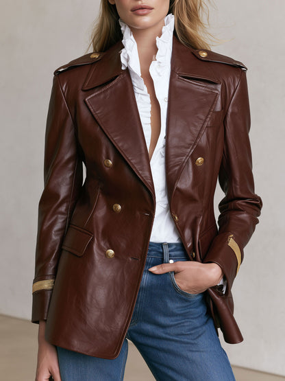 Casual Retro Gold Ribbon Brown PU Blazer