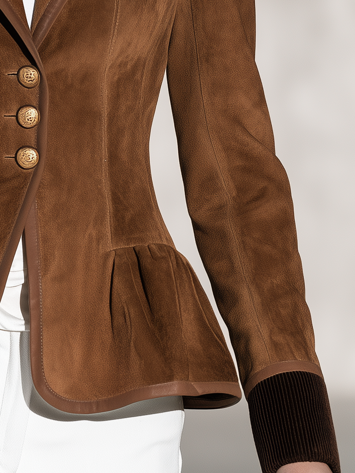 Retro-casual Elegant Faux-suede And Corduroy Paneled Ruffle Top