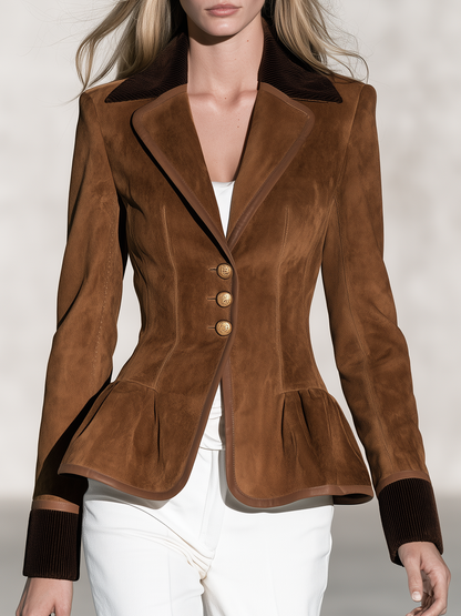 Retro-casual Elegant Faux-suede And Corduroy Paneled Ruffle Top