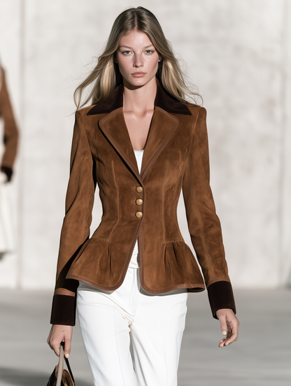 Retro-casual Elegant Faux-suede And Corduroy Paneled Ruffle Top