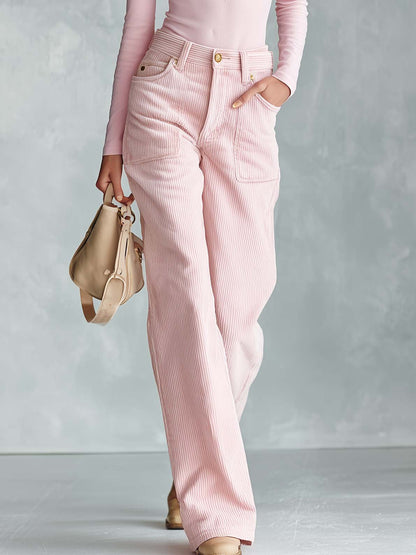 Elegant Versatile Light Pink Henley V-Neck Top Corduroy Wide-Leg Pants Set Women