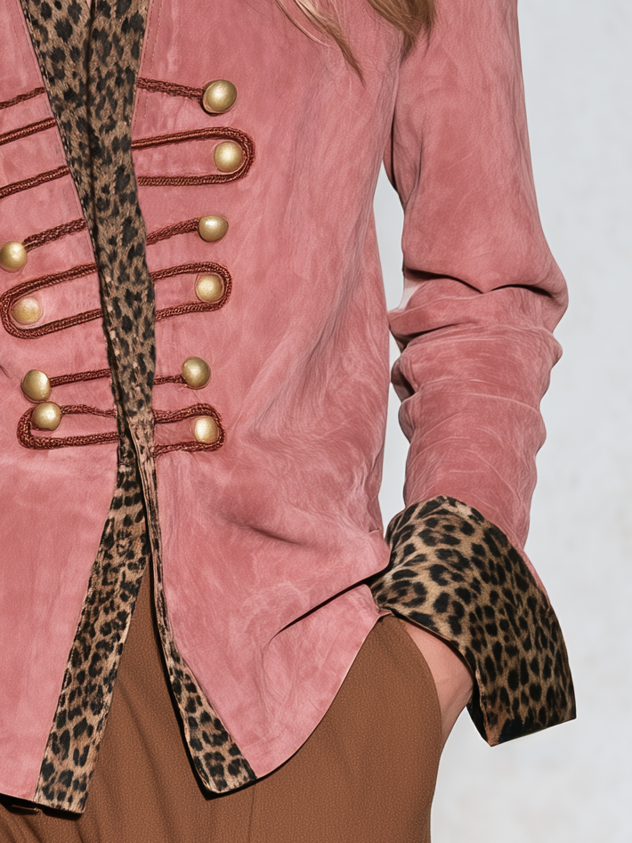 Retro-chic Faux Suede Shirt With Leopard Print