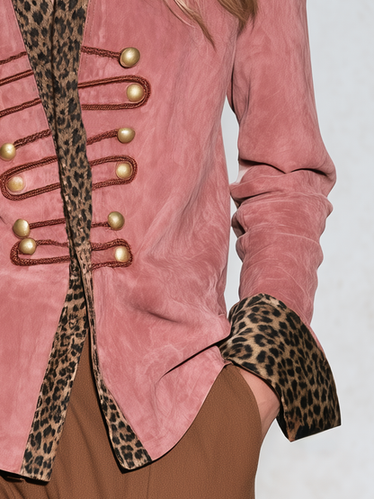 Retro-chic Faux Suede Shirt With Leopard Print