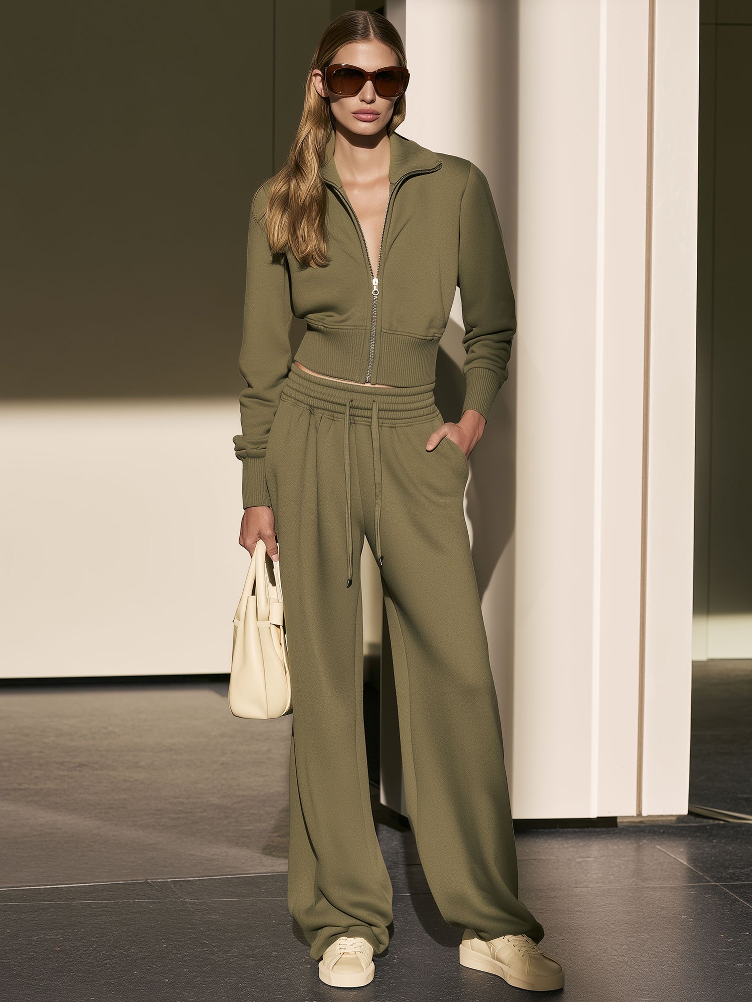 Exquisite And Comfortable Olive Green Zip-up Sweatshirt And Pants Set