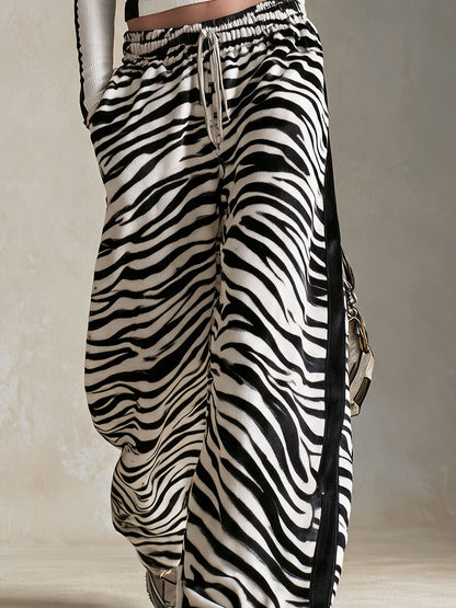 Retro Black And White Color-blocked Knit T-shirt And Zebra Print Faux Suede Pants Set