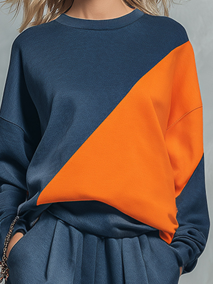 Casual Sportswear Blue And Orange Color-Block Sweatshirt And Joggers Set