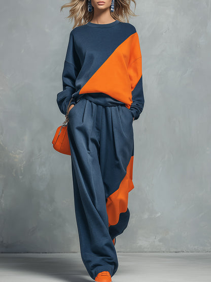 Casual Sportswear Blue And Orange Color-Block Sweatshirt And Joggers Set