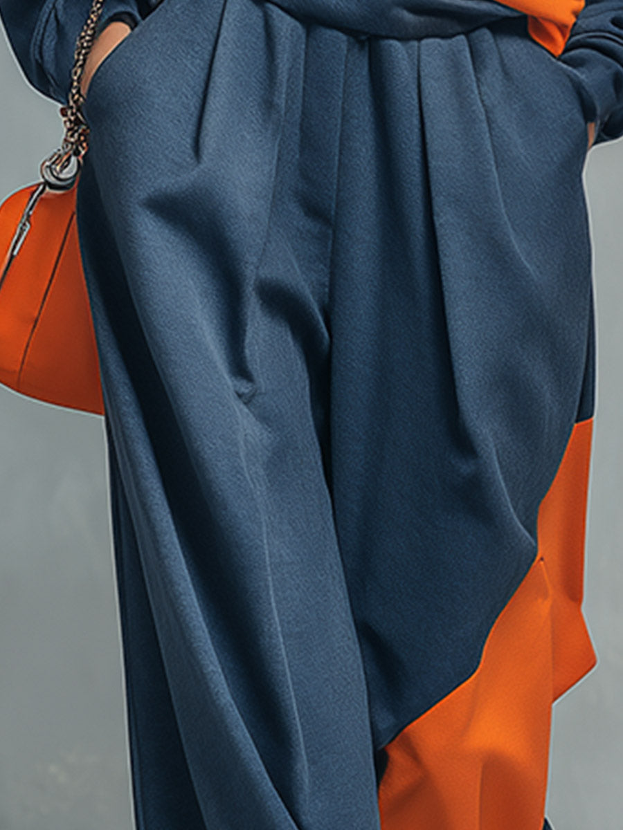 Casual Sportswear Blue And Orange Color-Block Sweatshirt And Joggers Set