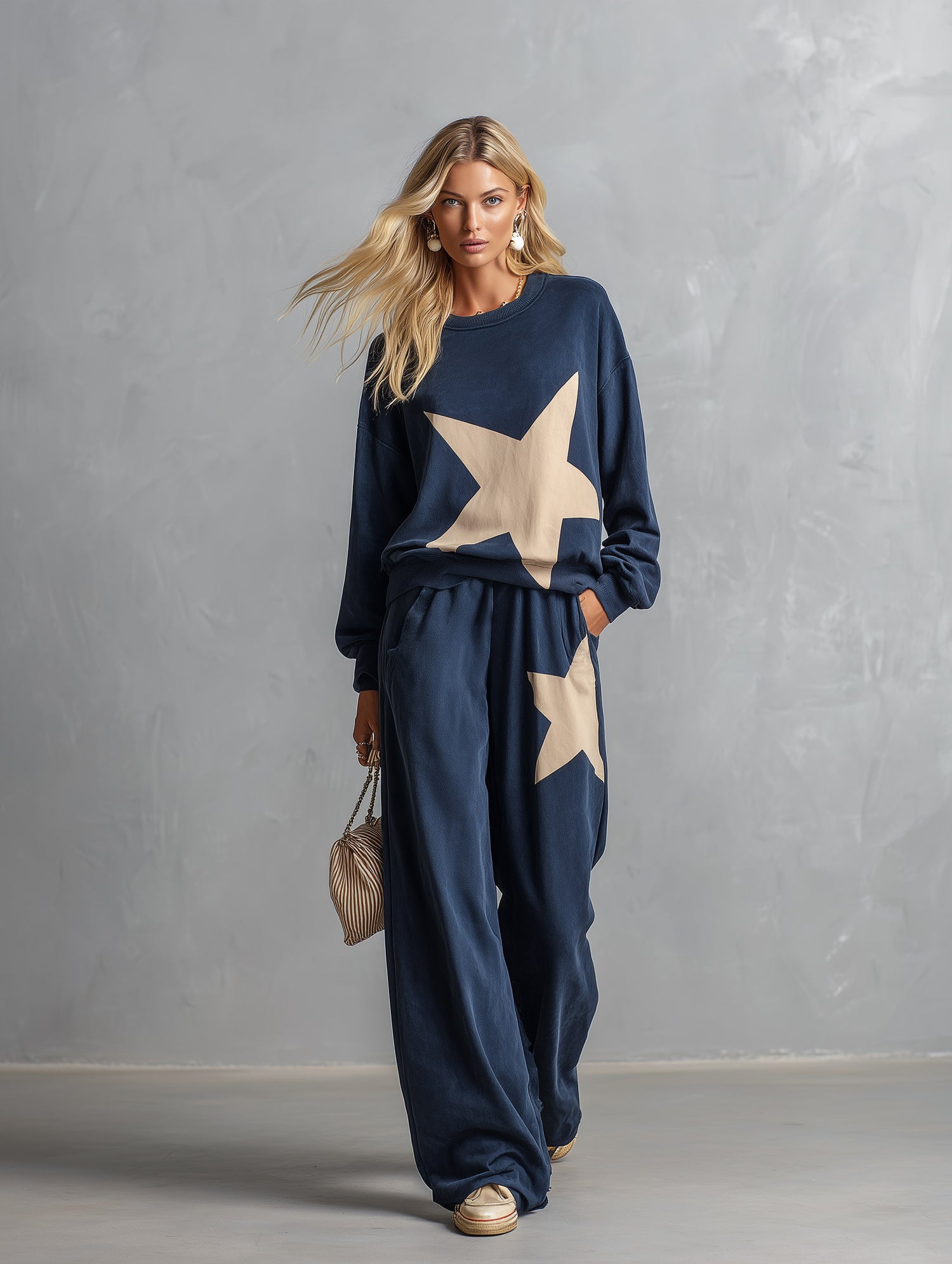 Stylish Casual Star-Print Blue Sweatshirt And Wide-Leg Pants Cotton Set