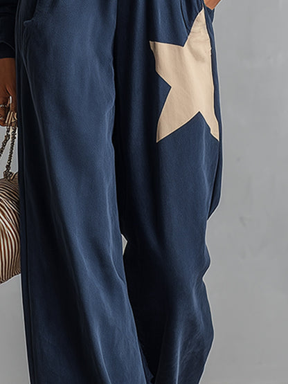 Stylish Casual Star-Print Blue Sweatshirt And Wide-Leg Pants Cotton Set