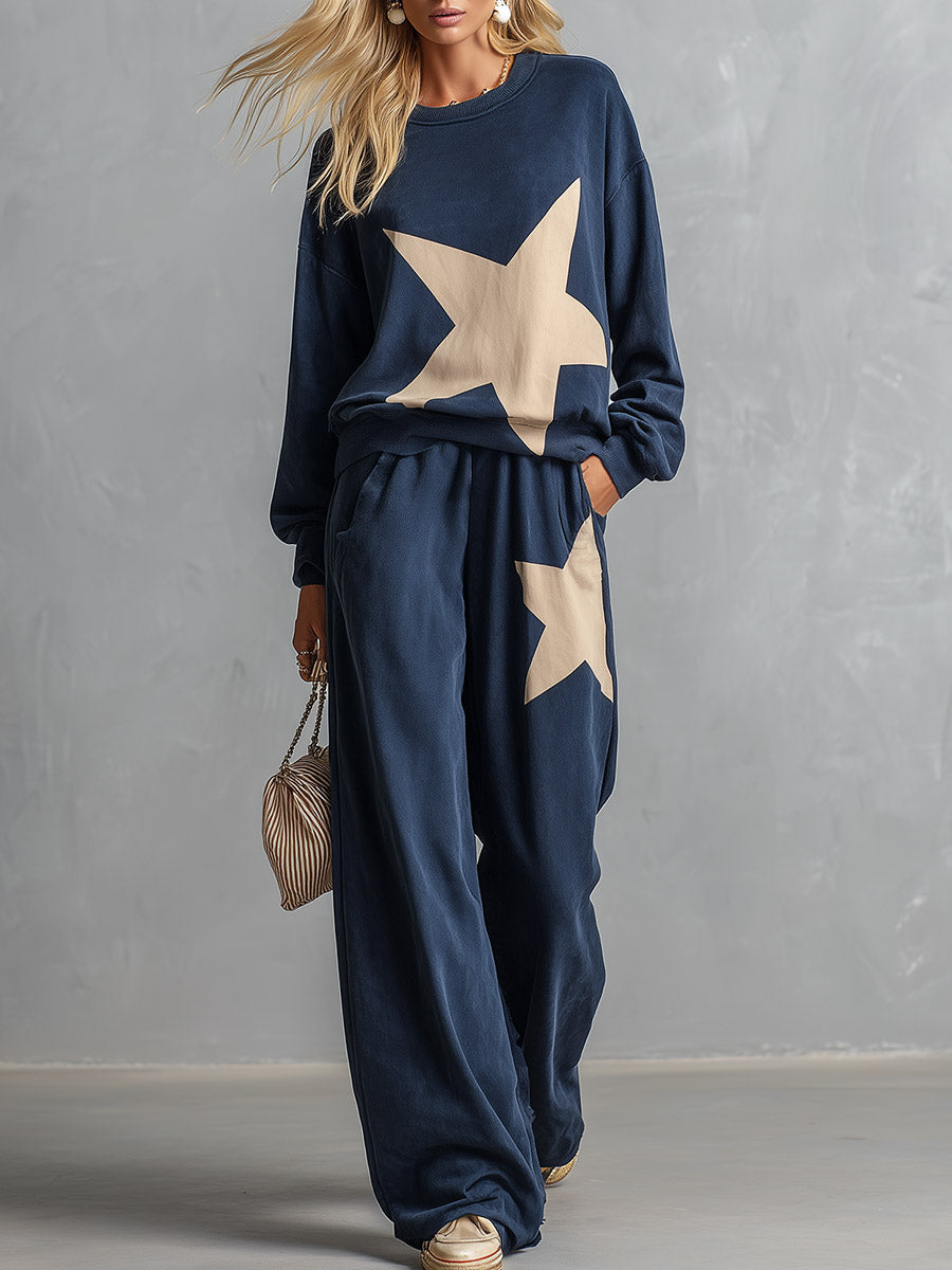 Stylish Casual Star-Print Blue Sweatshirt And Wide-Leg Pants Cotton Set