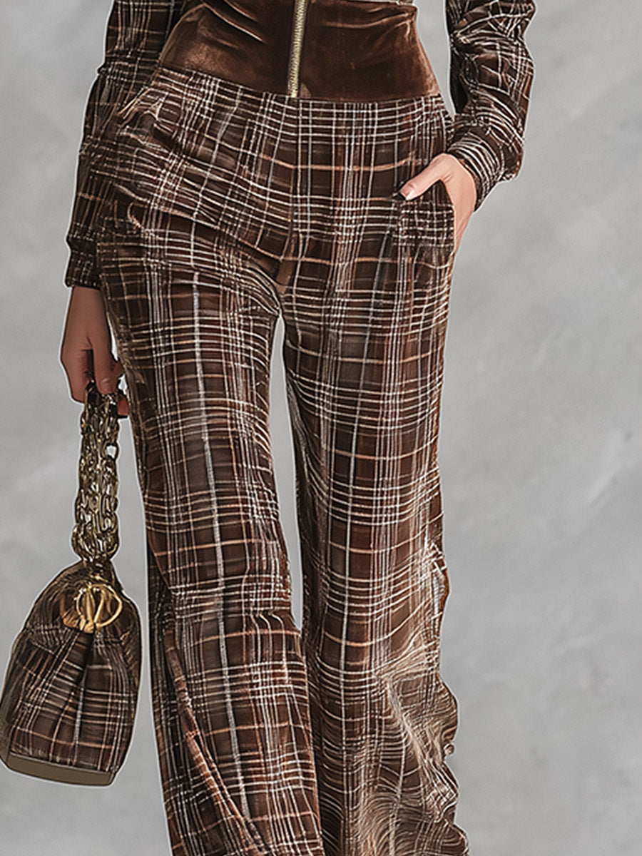 Retro Chocolate Brown Plaid Velvet Front-Zip Jumpsuit