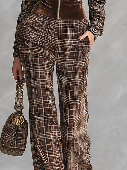 Retro Chocolate Brown Plaid Velvet Front-Zip Jumpsuit