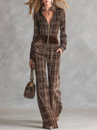 Retro Chocolate Brown Plaid Velvet Front-Zip Jumpsuit
