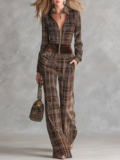 Retro Chocolate Brown Plaid Velvet Front-Zip Jumpsuit