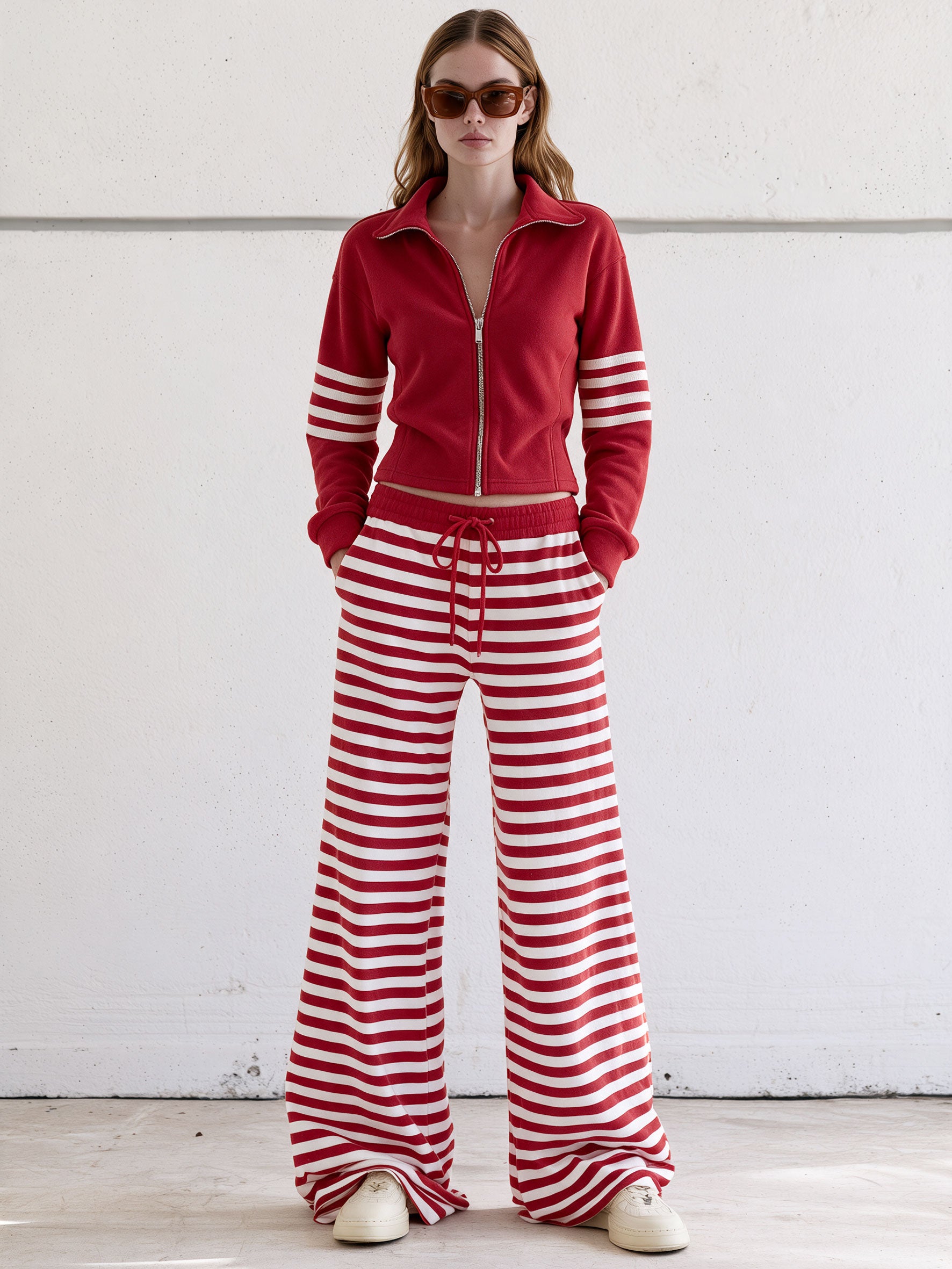 Casual And Comfortable Striped Red Fleece Jacket And Pants Set