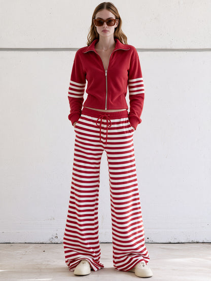 Casual And Comfortable Striped Red Fleece Jacket And Pants Set