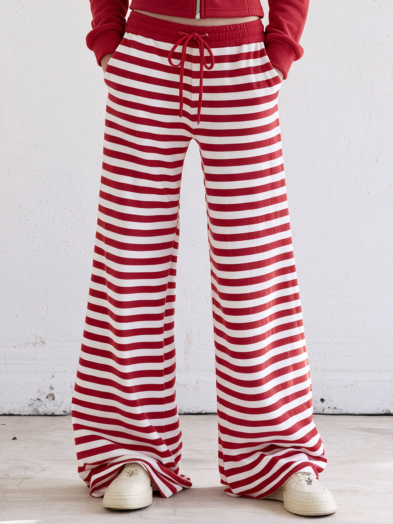 Casual And Comfortable Striped Red Fleece Jacket And Pants Set