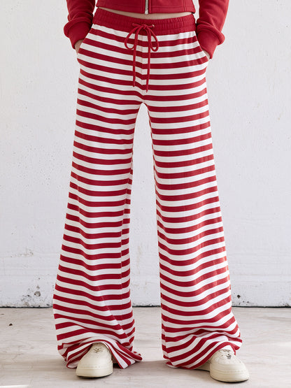 Casual And Comfortable Striped Red Fleece Jacket And Pants Set