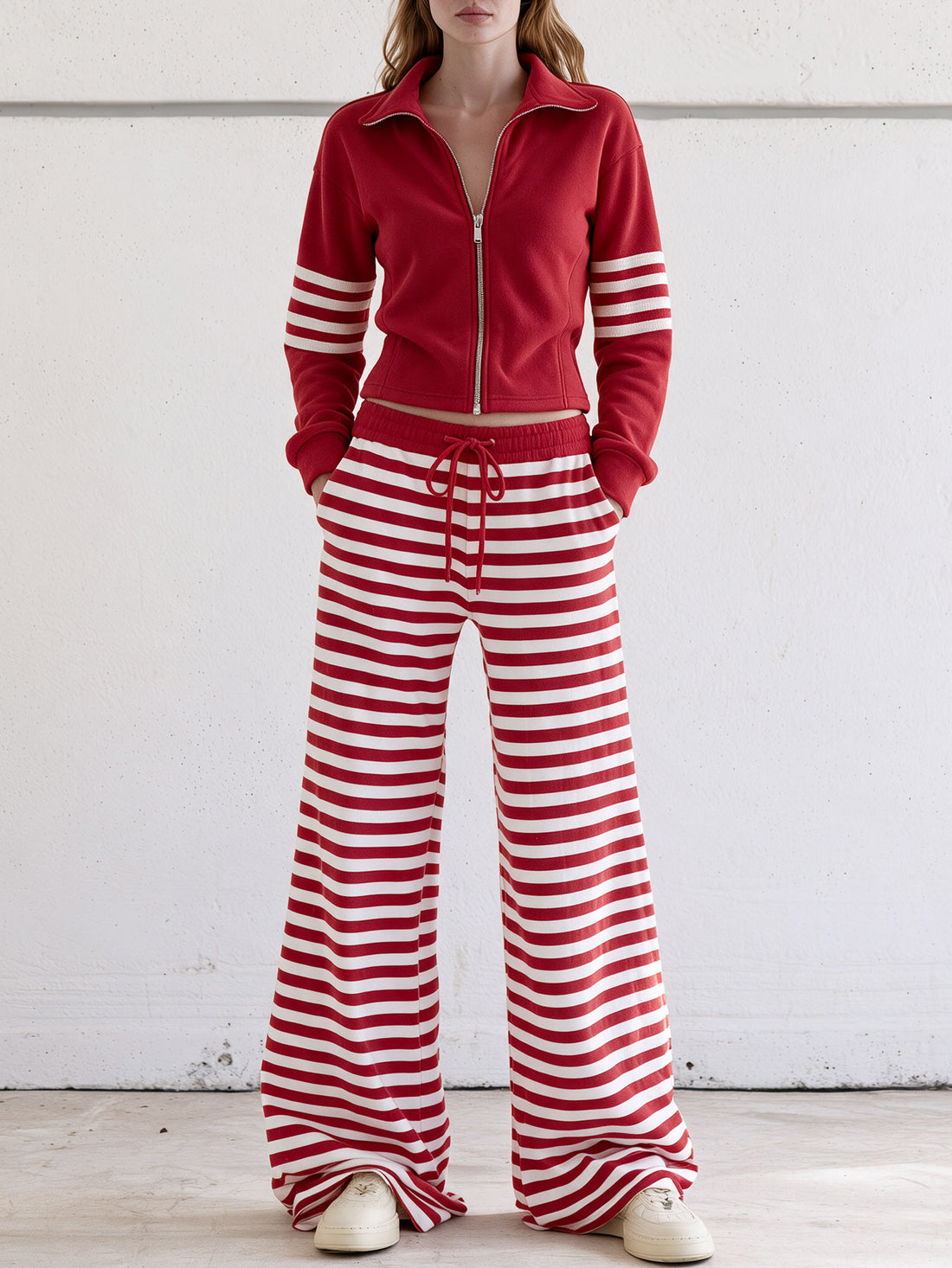 Casual And Comfortable Striped Red Fleece Jacket And Pants Set