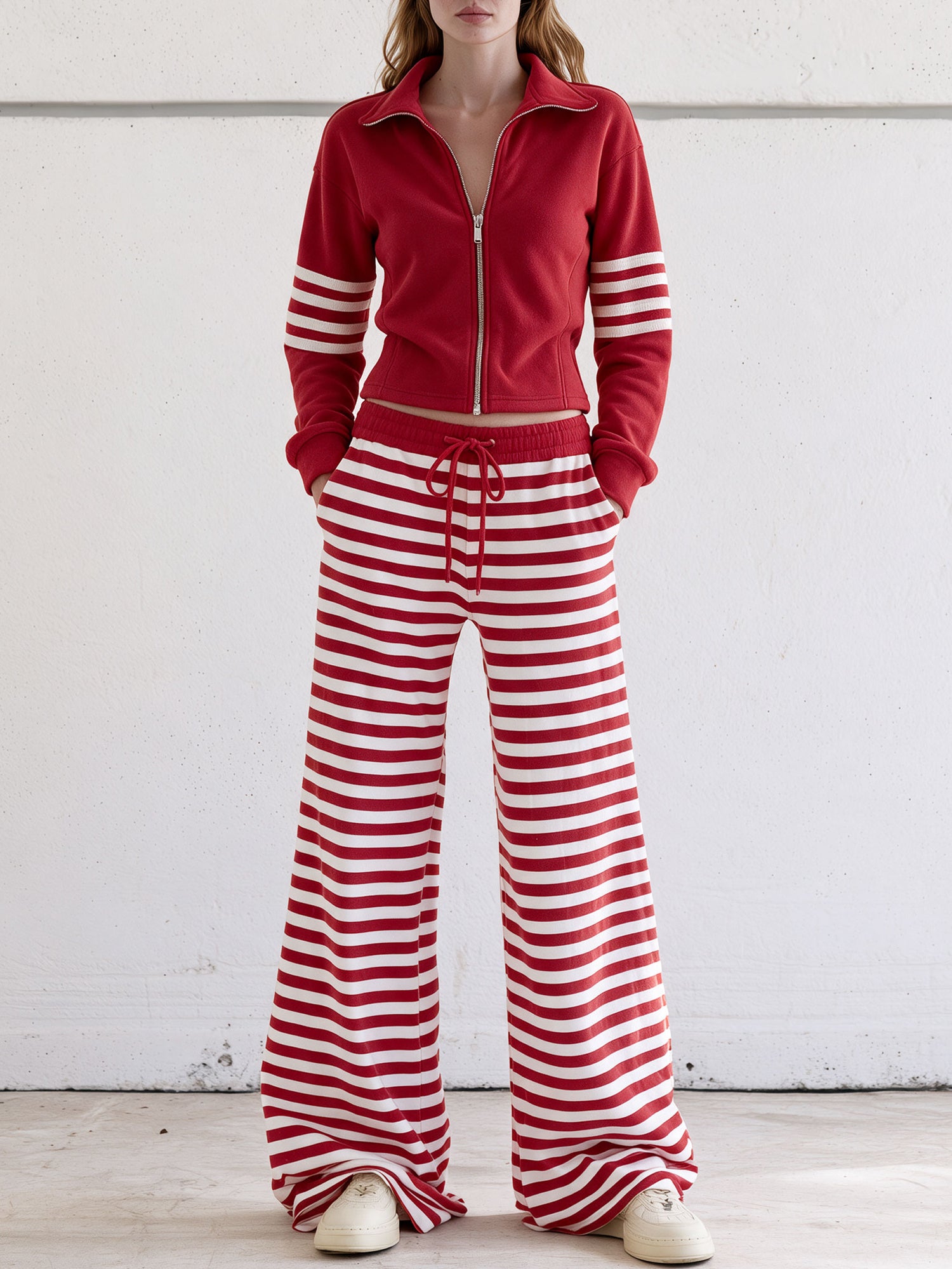 Casual And Comfortable Striped Red Fleece Jacket And Pants Set