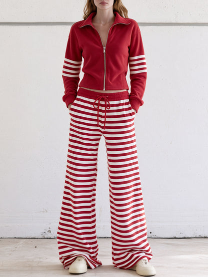 Casual And Comfortable Striped Red Fleece Jacket And Pants Set