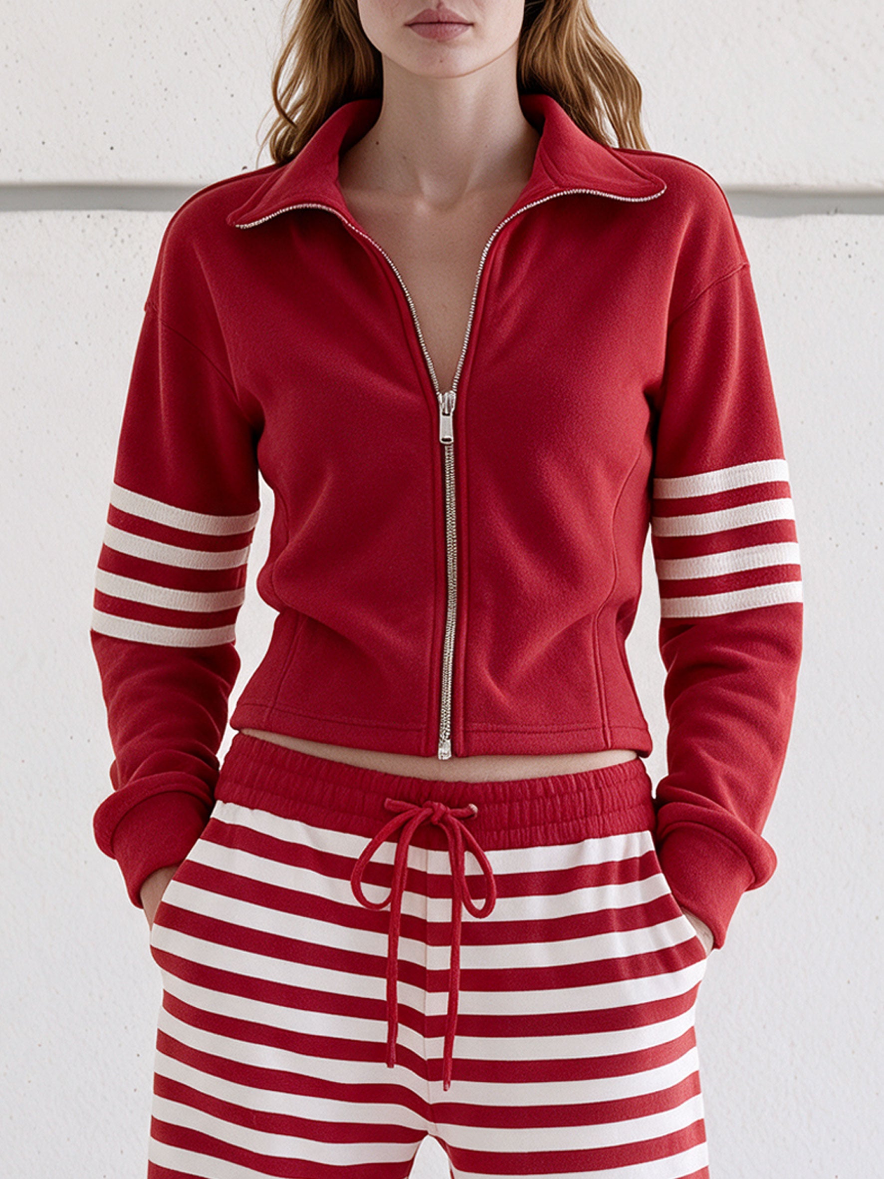 Casual And Comfortable Striped Red Fleece Jacket And Pants Set