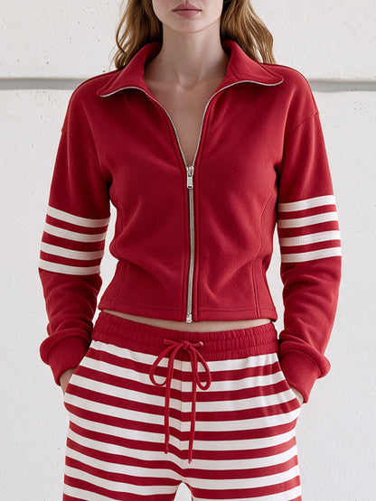 Casual And Comfortable Striped Red Fleece Jacket And Pants Set
