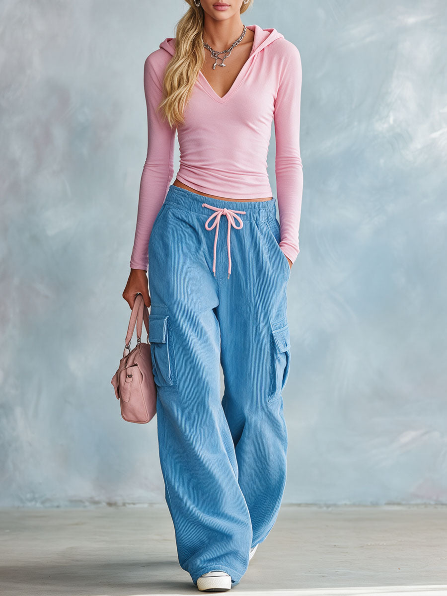 Casual Retro Pink Hooded V-neck Cotton Top And Blue Corduroy Pants Set