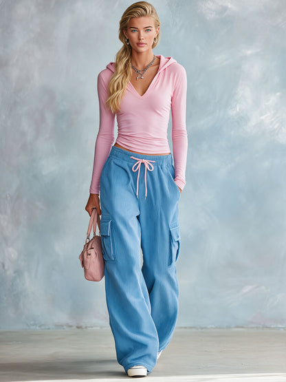 Casual Retro Pink Hooded V-neck Cotton Top And Blue Corduroy Pants Set