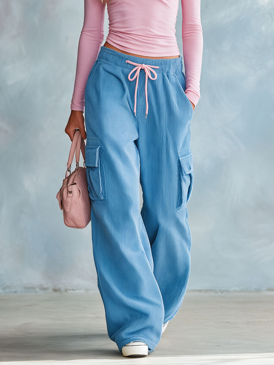 Casual Retro Pink Hooded V-neck Cotton Top And Blue Corduroy Pants Set