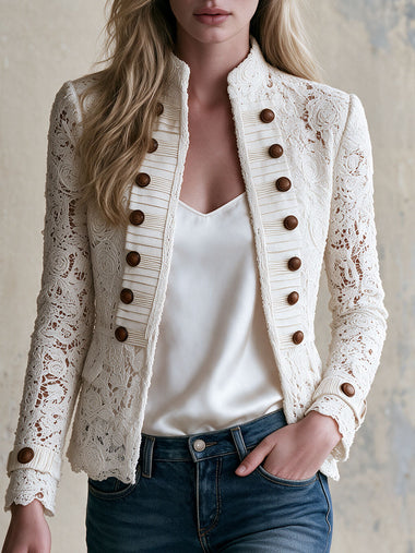 Retro White Stand-up Collar Double-breasted Lace Jacket