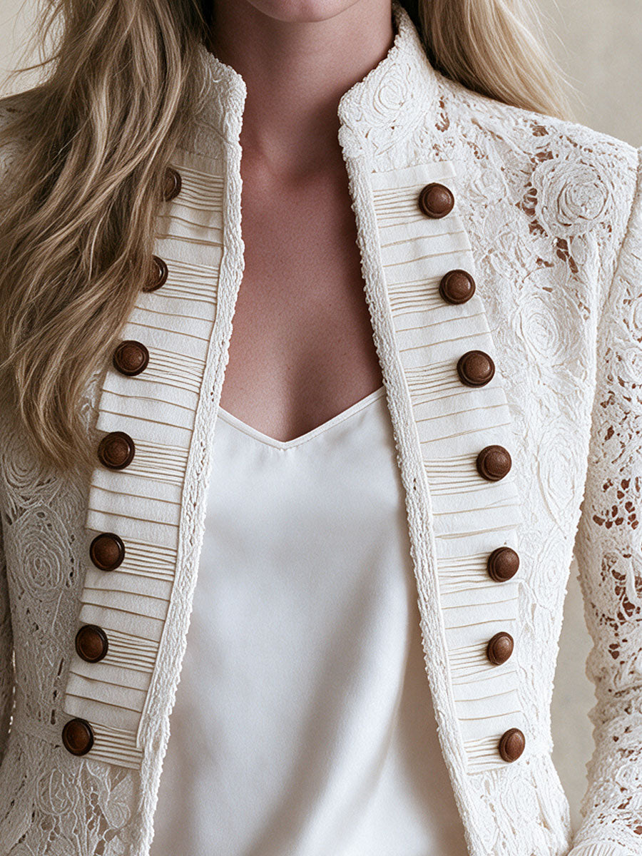 Retro White Stand-up Collar Double-breasted Lace Jacket