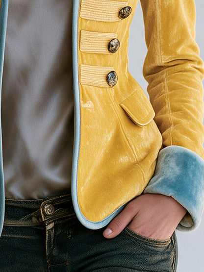 Retro Yellow Round Neck Button-decorated Velvet Jacket