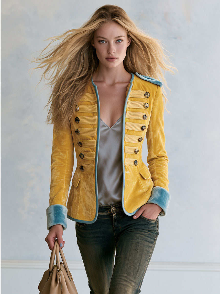 Retro Yellow Round Neck Button-decorated Velvet Jacket