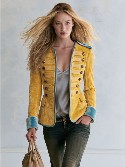 Retro Yellow Round Neck Button-decorated Velvet Jacket