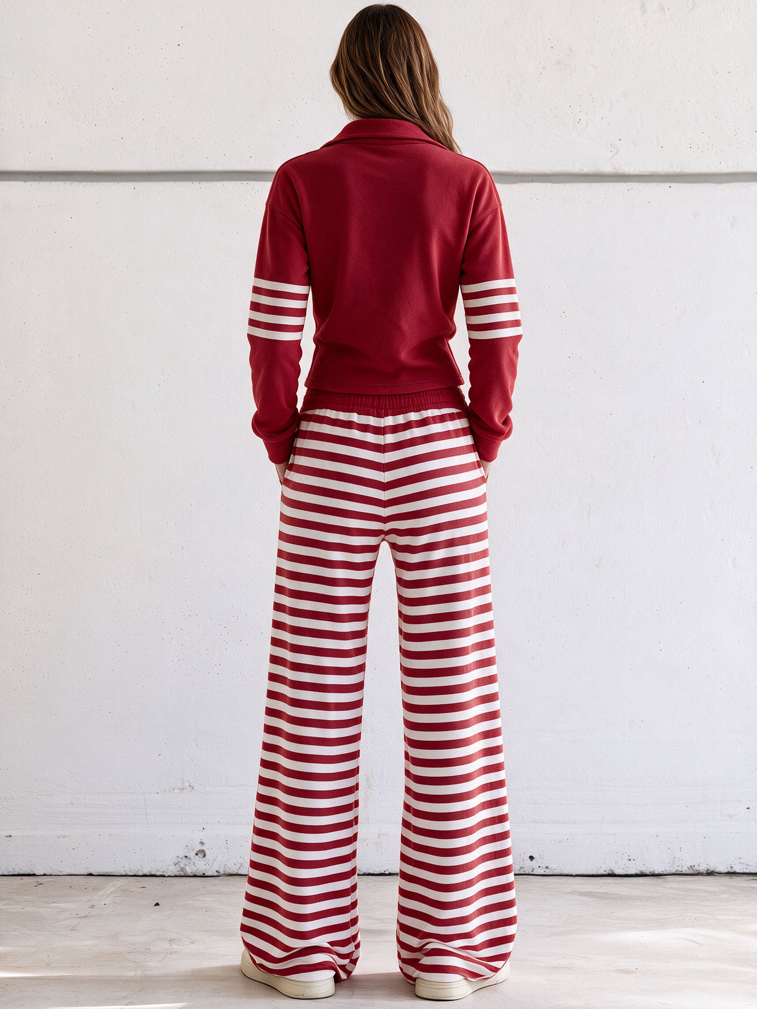 Casual And Comfortable Striped Red Fleece Jacket And Pants Set