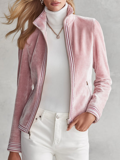 Elegant Striped Trim Pink Stand-collar Zip-front Velvet Jacket