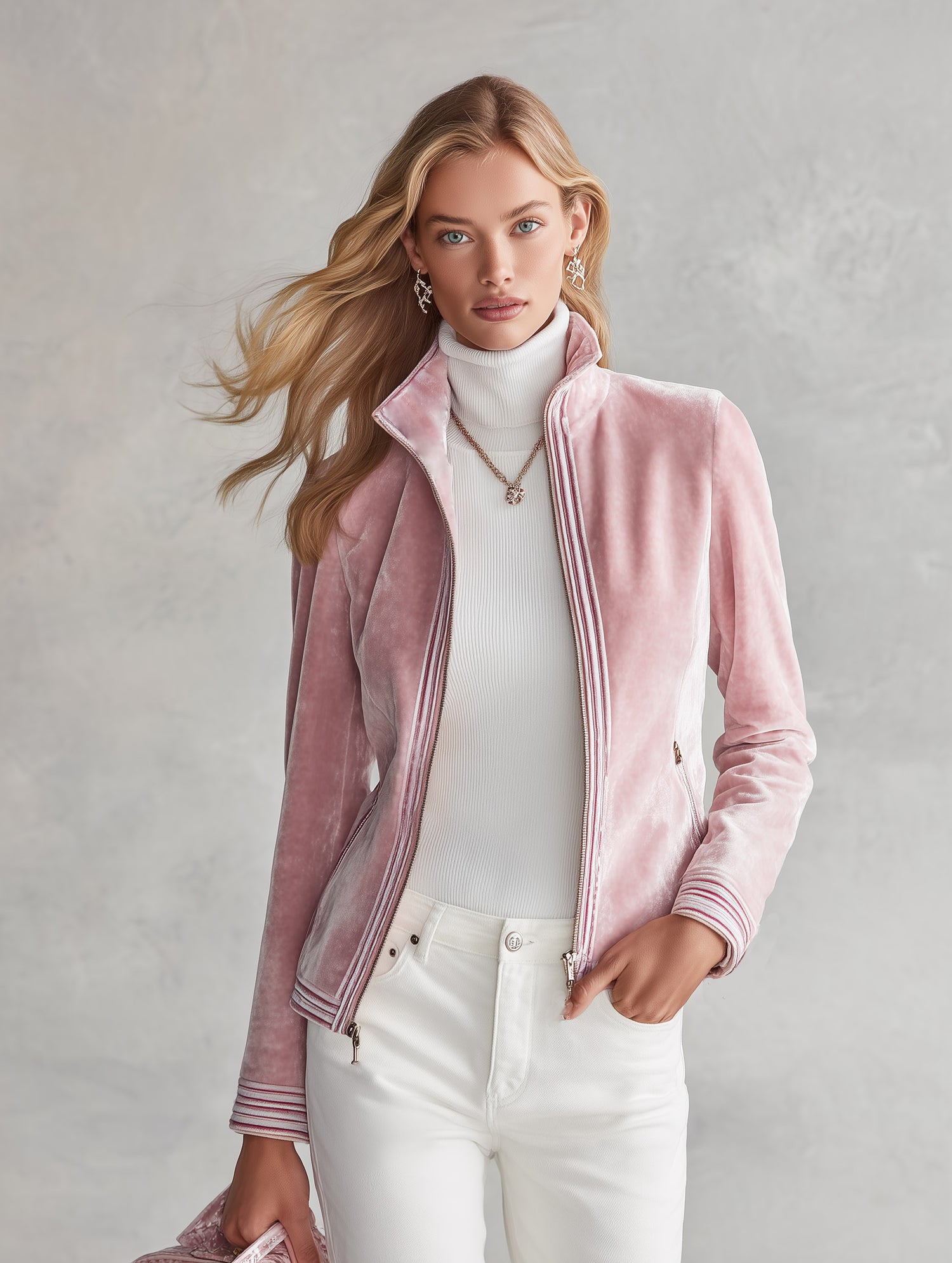 Elegant Striped Trim Pink Stand-collar Zip-front Velvet Jacket