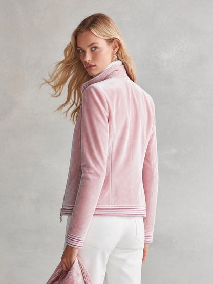 Elegant Striped Trim Pink Stand-collar Zip-front Velvet Jacket