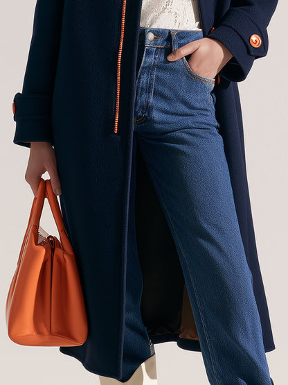 Casual And Comfortable Orange-buttoned Navy Blue Coat