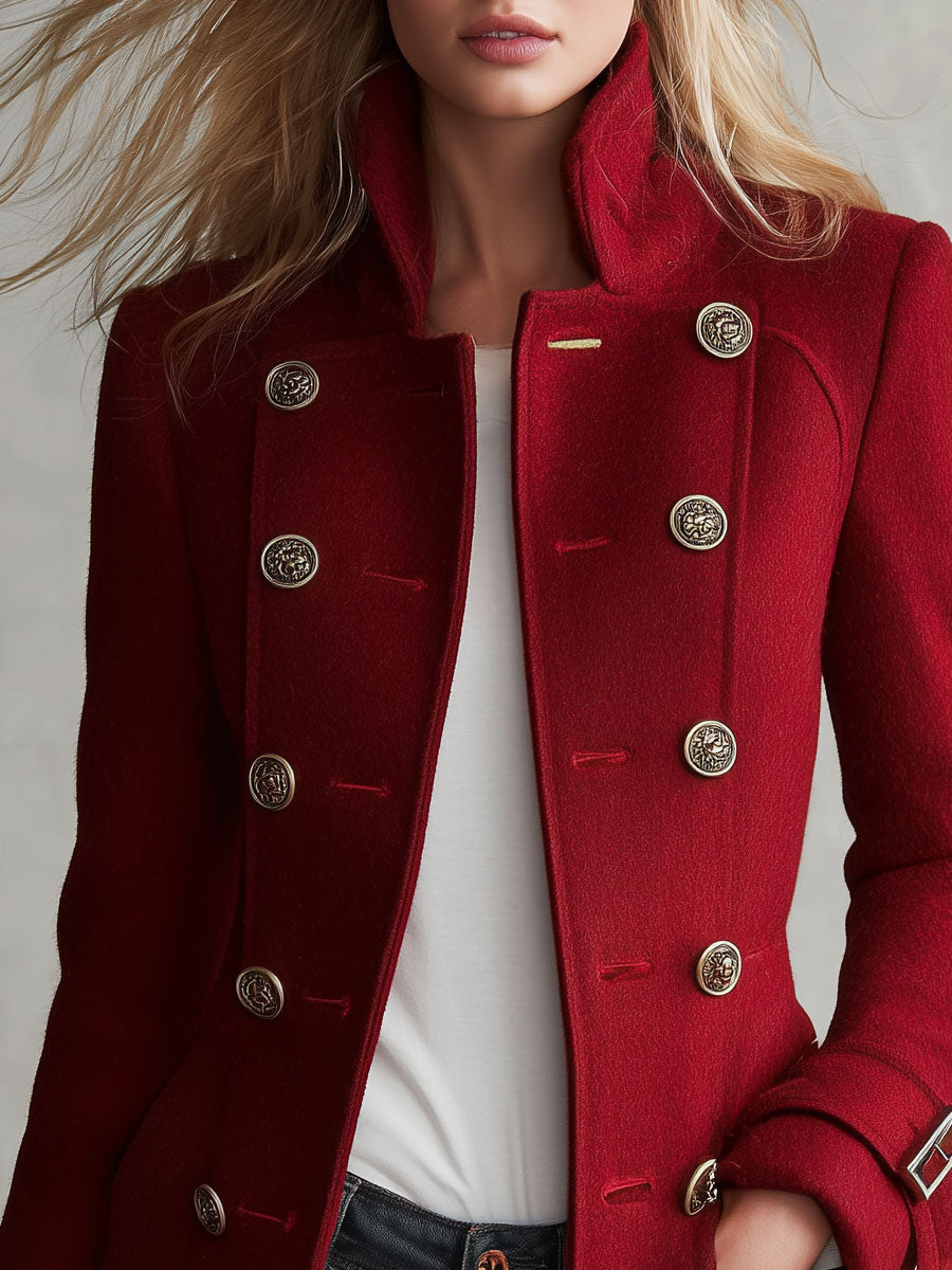 Classic Retro Red Stand-up Collar Double-breasted Coat