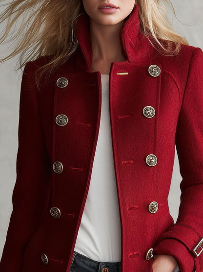 Classic Retro Red Stand-up Collar Double-breasted Coat