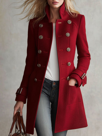 Classic Retro Red Stand-up Collar Double-breasted Coat